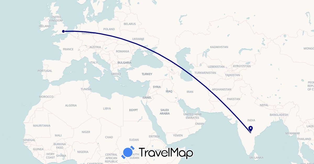 TravelMap itinerary: driving in United Kingdom, India (Asia, Europe)